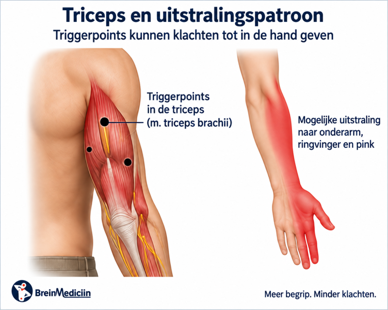 Illustratie van triggerpoints in de triceps, met mogelijke uitstralingspijn naar de onderarm, ringvinger en pink.