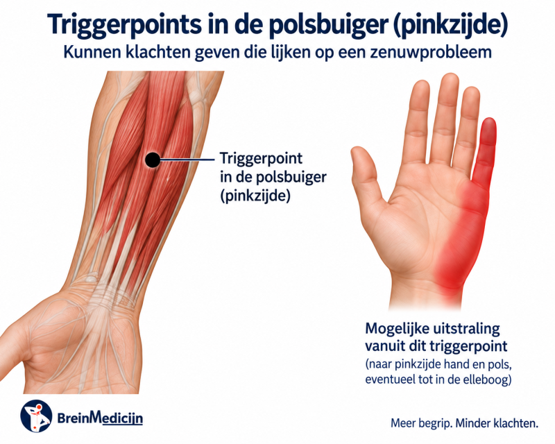 Illustratie van triggerpoints in de polsbuiger aan de pinkzijde van de onderarm, met mogelijke uitstralingspijn naar de pinkzijde van de hand en pols en eventueel richting de elleboog.