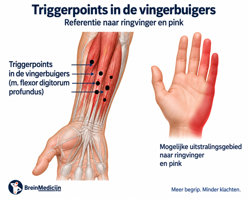 Illustratie van triggerpoints in de vingerbuigers van de onderarm, met mogelijke uitstralingspijn naar ringvinger en pink.
