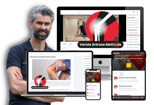Trainer presenteert het Versla Artrose Methode online programma op desktop, laptop, tablet en smartphone met videolessen, oefeningen en begeleiding voor het verminderen van knieartroseklachten.