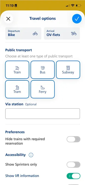 Screenshot van de NS Reisplanner-app waarmee je een treinreis plant van ’s-Hertogenbosch naar Arnhem Centraal, inclusief vertrektijd, reisopties en actuele storingen.