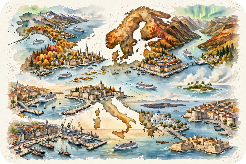 Een gedetailleerde Europese cruise kaart in september-herfstkleuren, waarop diverse cruiseschepen varen langs historische kuststeden, havens en eilanden