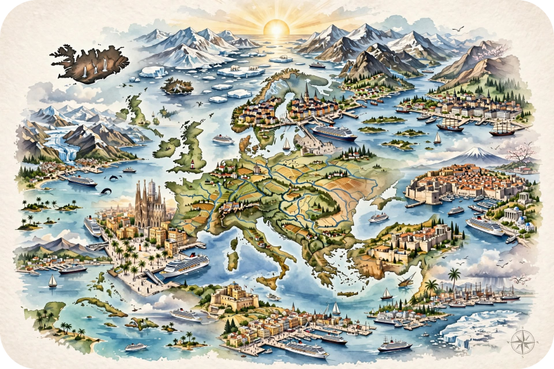 Aquarel kaart van cruises in juni met warme Middellandse Zee met Barcelona en Dubrovnik, Oostzee met Kopenhagen Stockholm, Noorse fjorden met middernachtzon en Alaska gletsjers