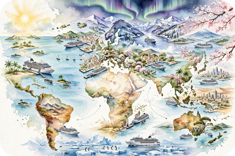 Aquarel van cruises in maart met winterzon in de Caribbean, Canarische Eilanden, ontwakende Middellandse Zee, repositioning naar Europa en kersenbloesem in Japan met toegankelijke kade