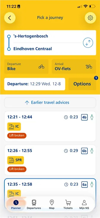 Screenshot van de NS Reisplanner-app waarmee je een treinreis plant van ’s-Hertogenbosch naar Arnhem Centraal, inclusief vertrektijd, reisopties en actuele storingen.