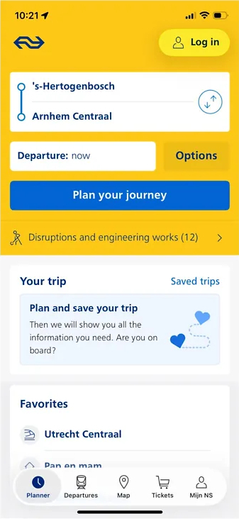 Screenshot van de NS Reisplanner-app waarmee je een treinreis plant van ’s-Hertogenbosch naar Arnhem Centraal, inclusief vertrektijd, reisopties en actuele storingen.