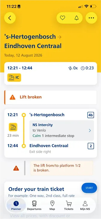 Screenshot van de NS Reisplanner-app met een treinreis van ’s-Hertogenbosch naar Eindhoven Centraal. De app waarschuwt dat de lift naar perron 1 en 2 buiten werking is.