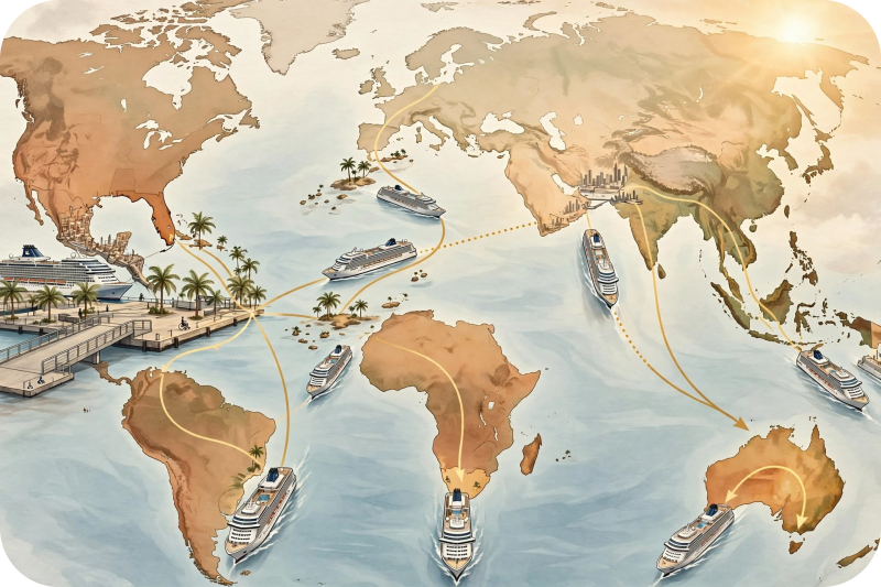 Een artistieke wereldkaart in warme beige- en bruintinten waarop verschillende cruiseschepen varen in November. Gele routelijnen verbinden continenten zoals Noord-Amerika, Zuid-Amerika, Afrika, Europa, Azië en Australië met elkaar.