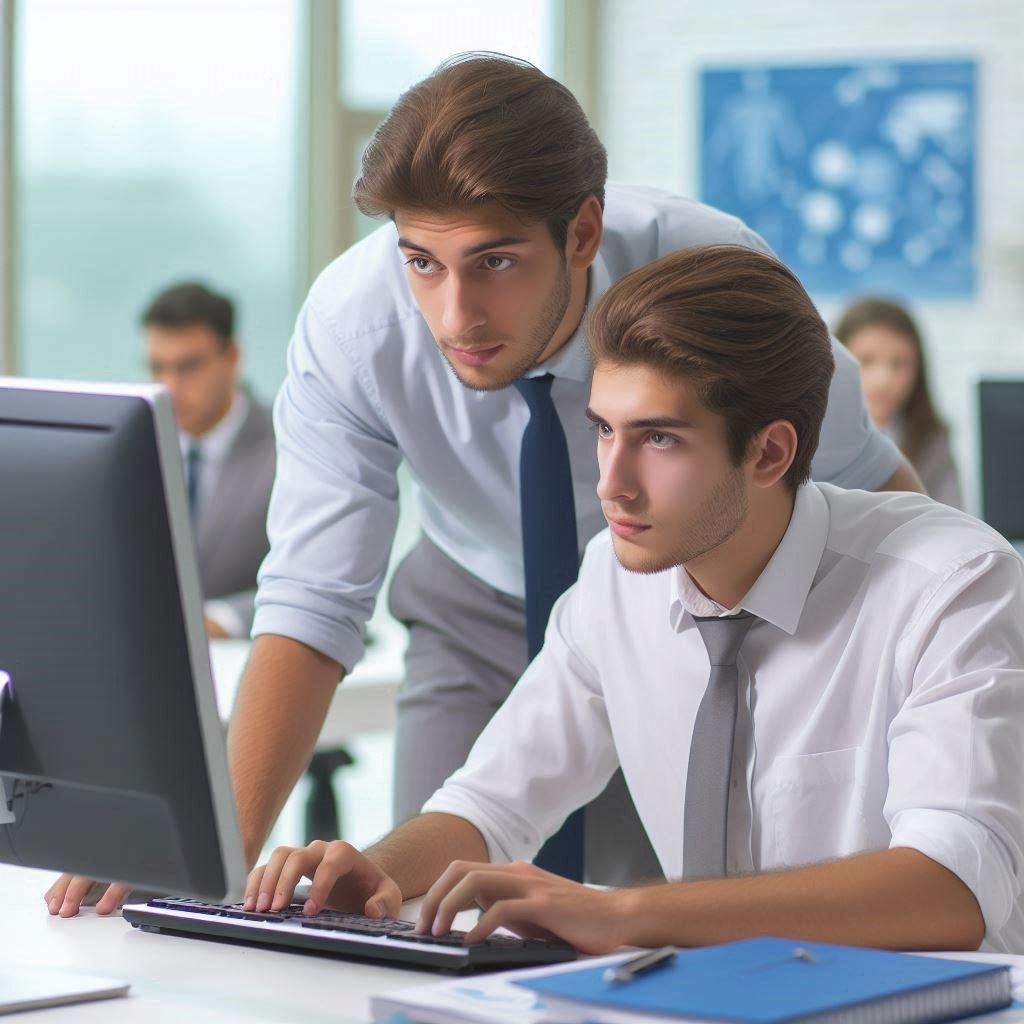Twee IT-specialisten werken samen achter een computerscherm