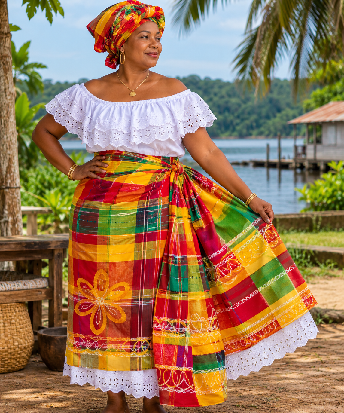Een vrouw die een Surinaamse pangi draagt