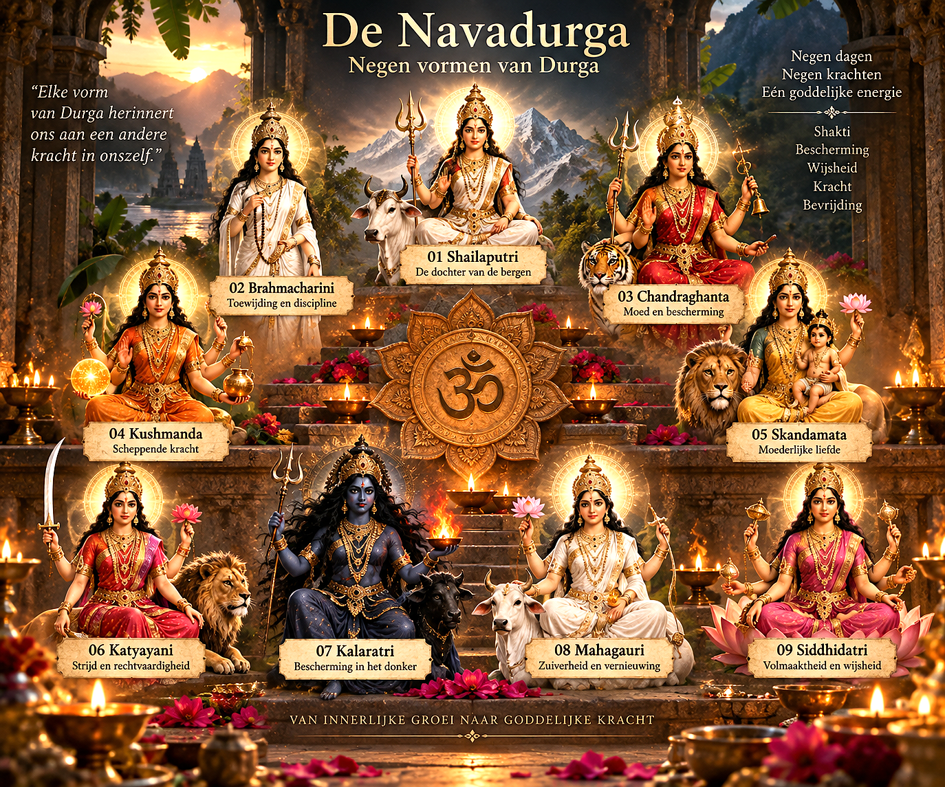 De negen vormen van Durga, de Navadurga, vereerd tijdens Navratri