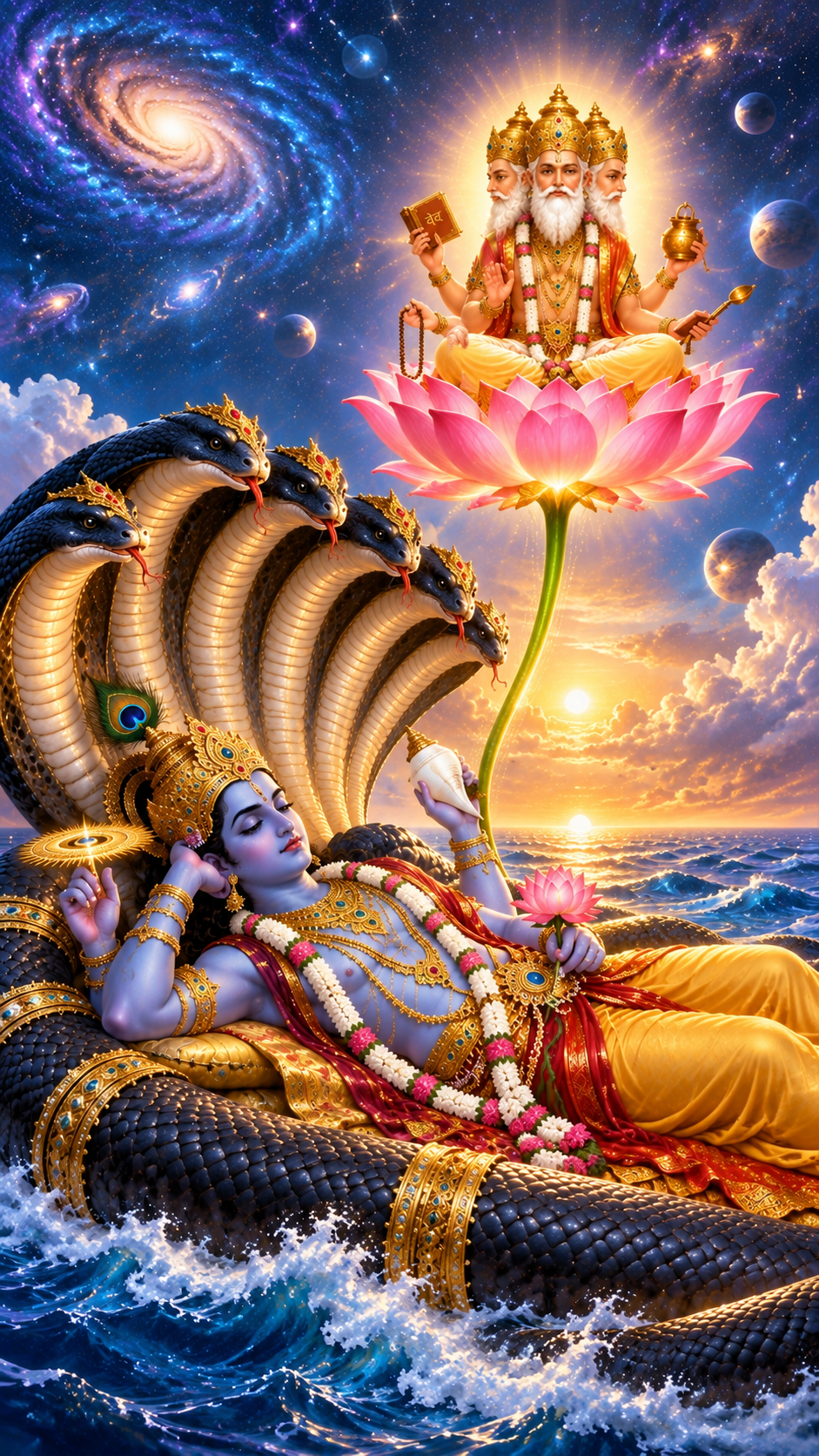 Het ontstaan van Brahma uit de lotus van Vishnu