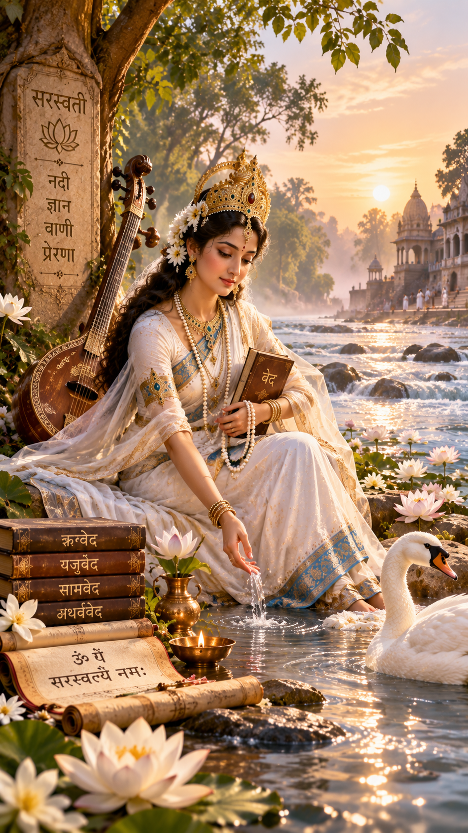 Saraswati als godin van de rivier en het woord, oorsprong in de Rigveda