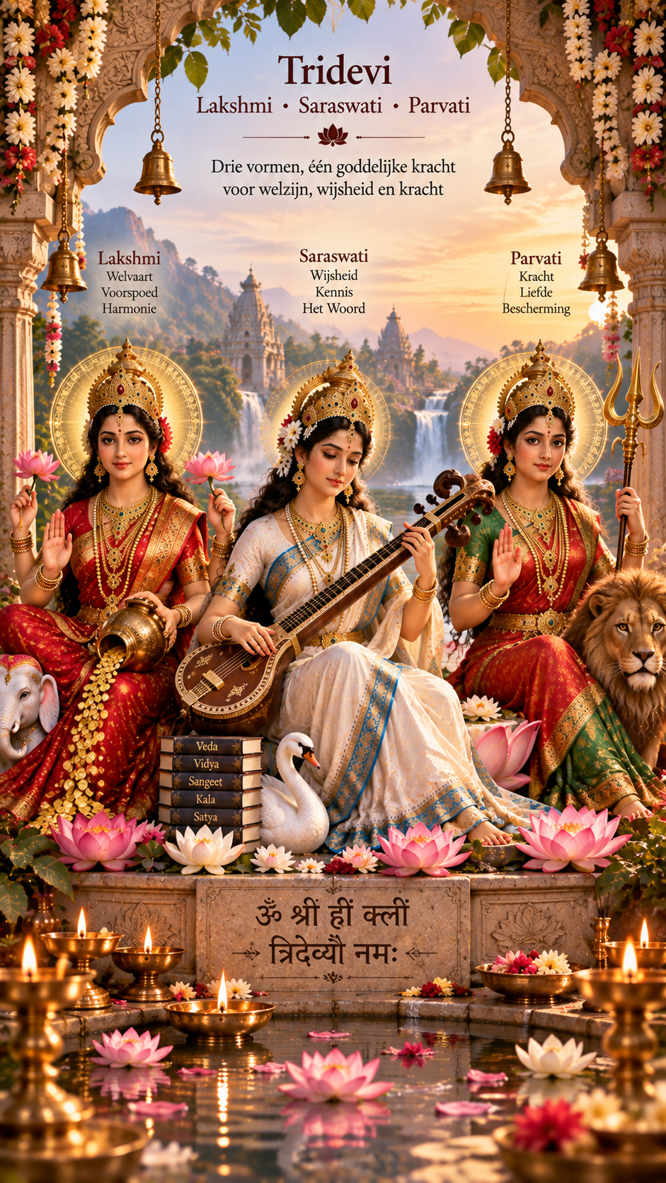 Saraswati binnen de Tridevi, samen met Lakshmi en Parvati
