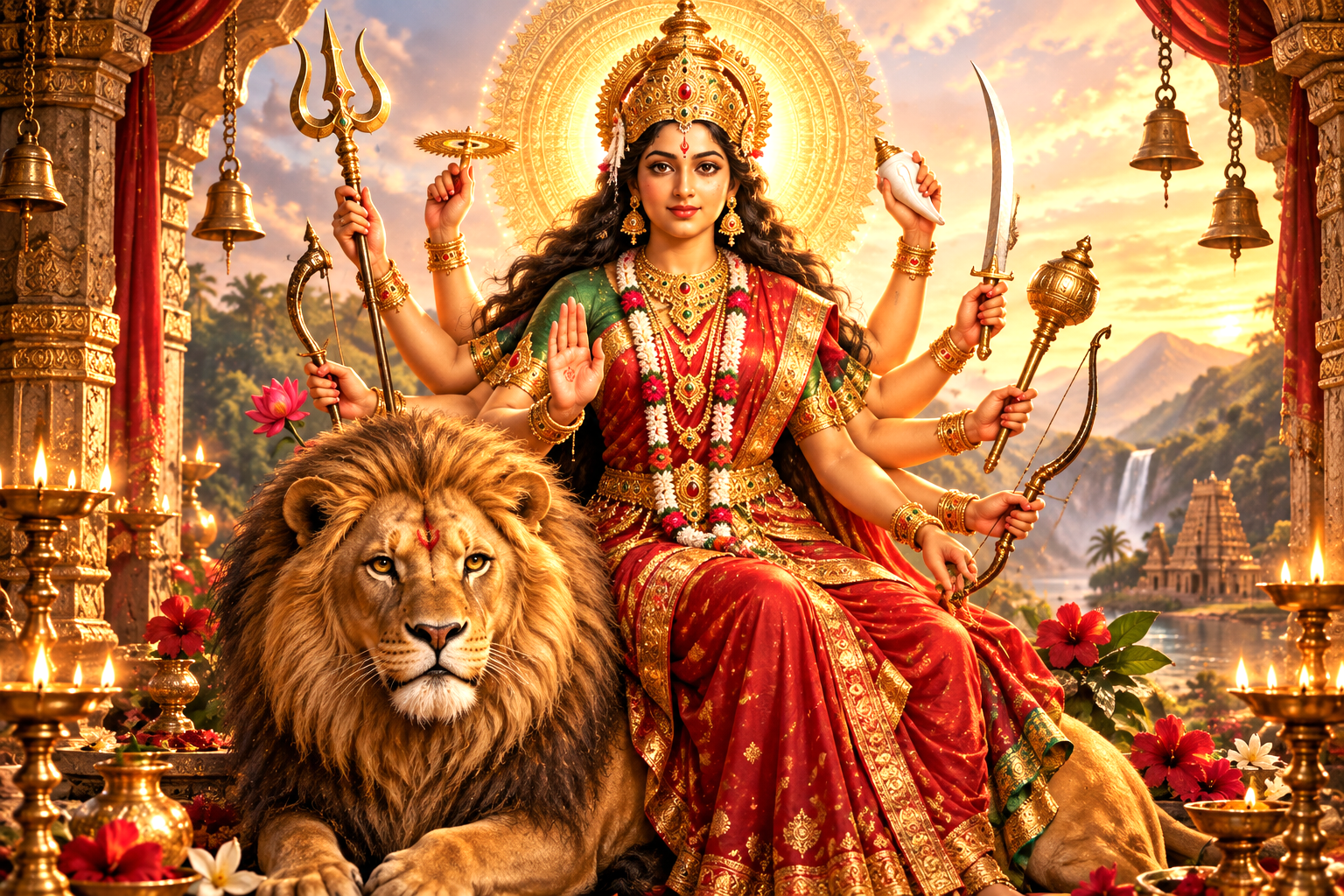 De symboliek van Durga: leeuw, wapens en kalm gezicht
