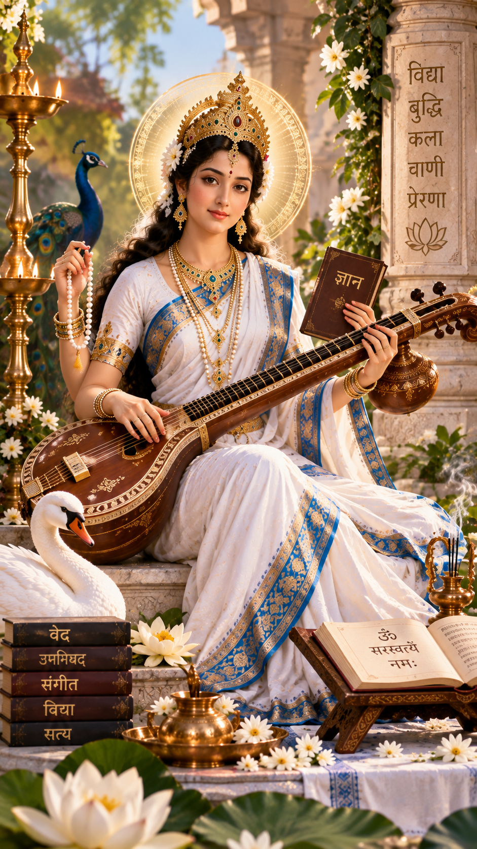 De symboliek van Saraswati: witte sari, veena, boek en gebedssnoer