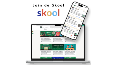 De FXminds community op Skool, te zien op laptop en telefoon