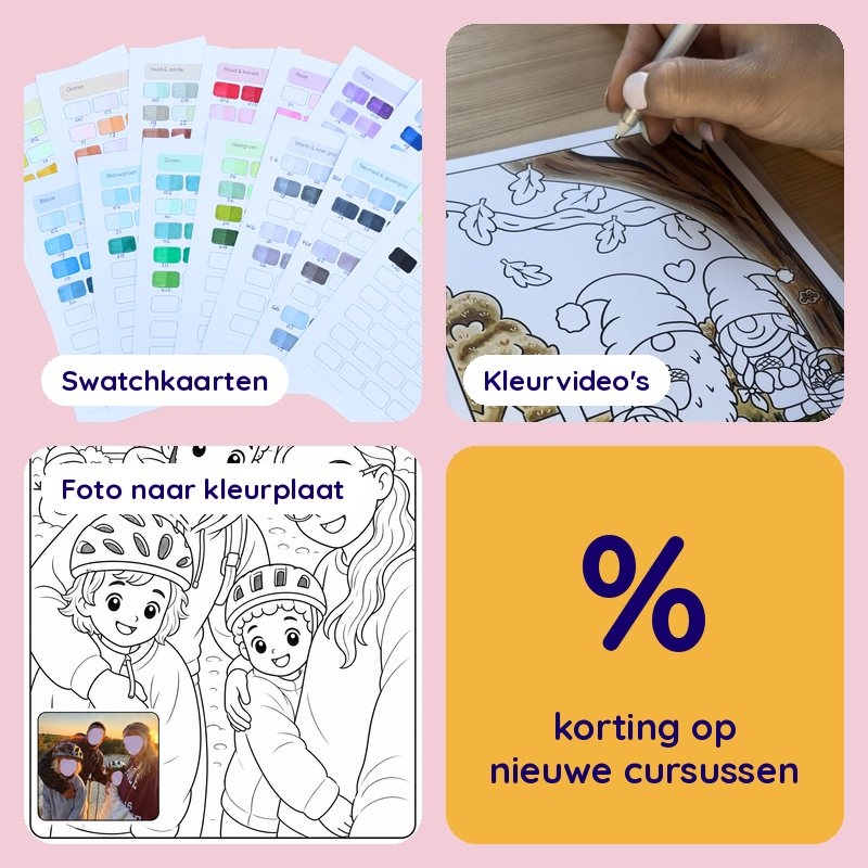 Swatchkaarten, kleurvideo's, de tool Van foto naar kleurplaat en korting op cursussen