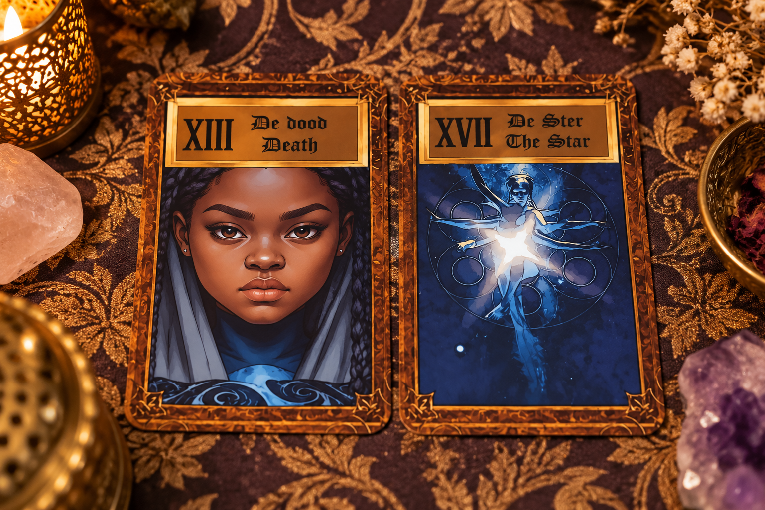 De Dood en De Ster naast elkaar in de Sranang Tarot van Rachida Kacimi