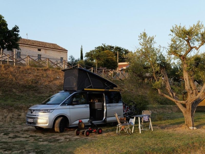 Camper met opklapdak op een ruime camperplek naast een olijfboom bij Camping Vista Fermo, in het avondlicht