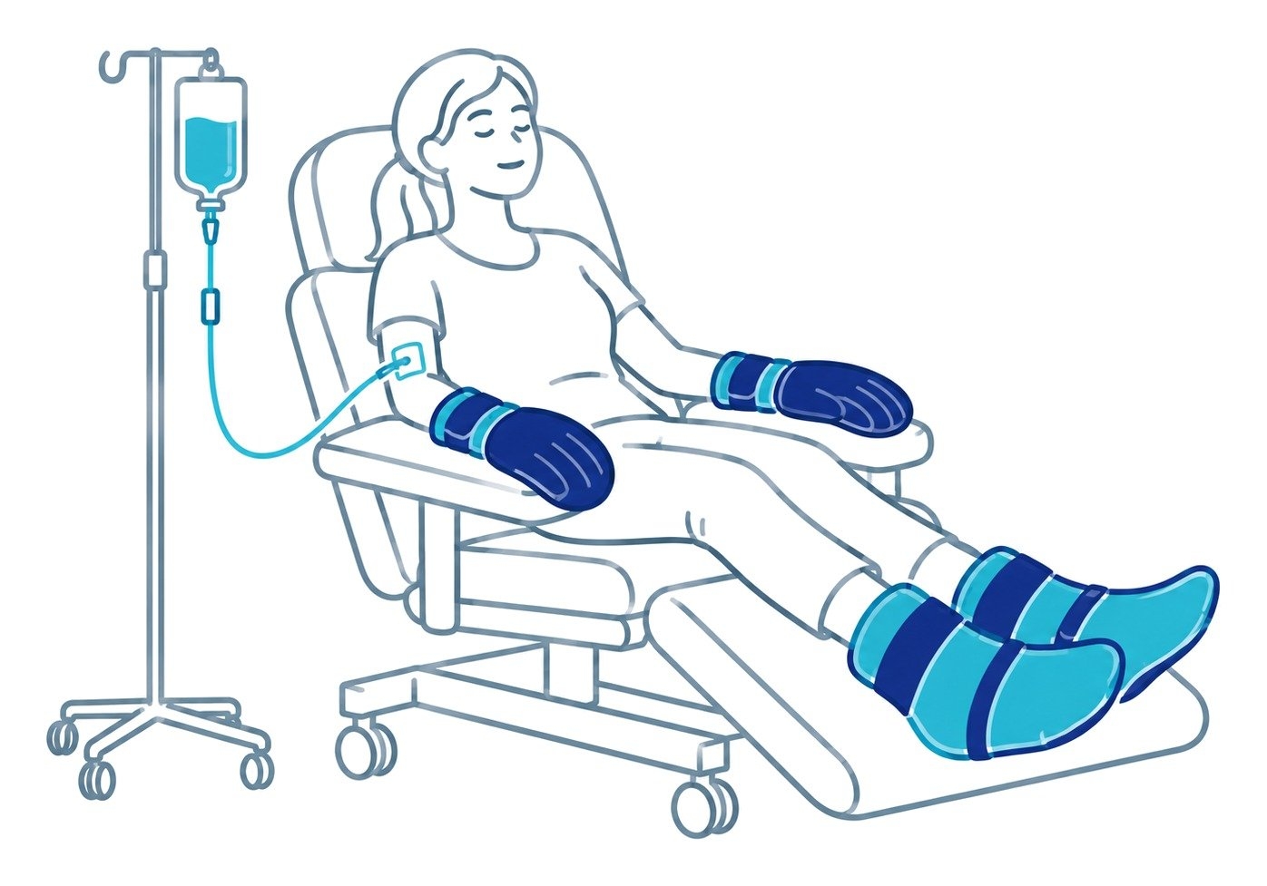Tekening van iemand die een infuus krijgt en bevroren handschoenen en sokken draagt