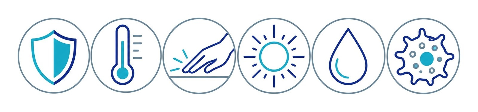 Zes pictogrammen voor wat de huid doet: beschermen, de temperatuur regelen, voelen, vitamine D maken, vocht vasthouden en afweer