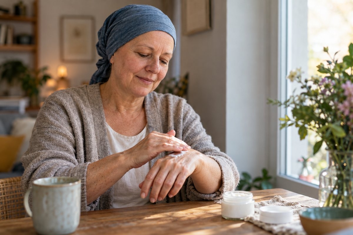 Vrouw met een hoofddoek smeert crème op haar hand