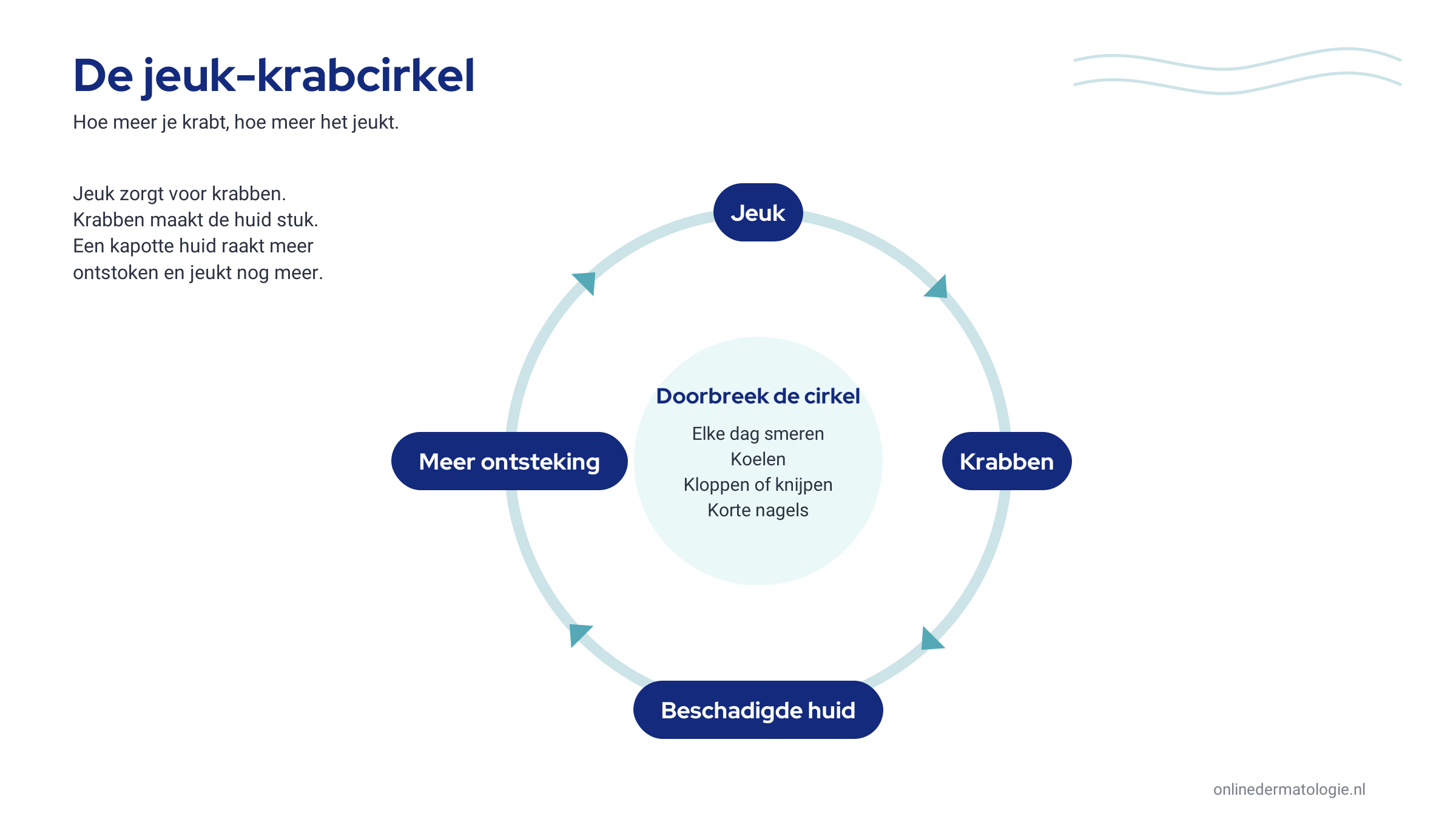 Een cirkel met vier stappen: jeuk, krabben, een beschadigde huid en meer ontsteking, waarna de jeuk terugkomt. In het midden staan de manieren om de cirkel te doorbreken: smeren, koelen, kloppen en korte nagels.
