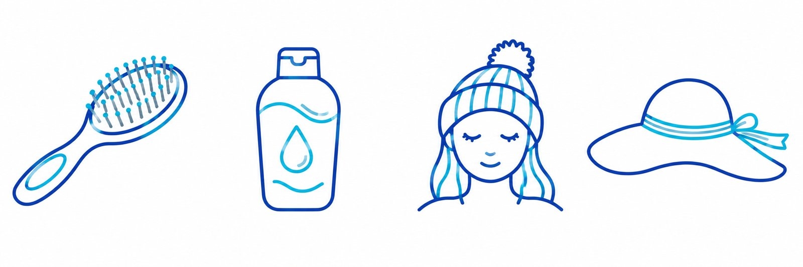 Vier pictogrammen: een zachte haarborstel, een milde shampoo, een vrouw met een gebreide muts en een zonnehoed