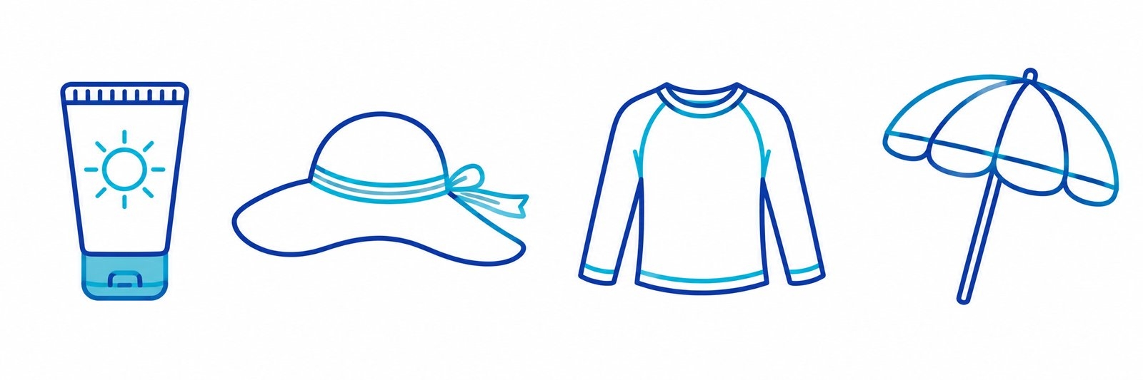 Vier pictogrammen: een zonnebrandmiddel, een hoed met een brede rand, een shirt met lange mouwen en een parasol