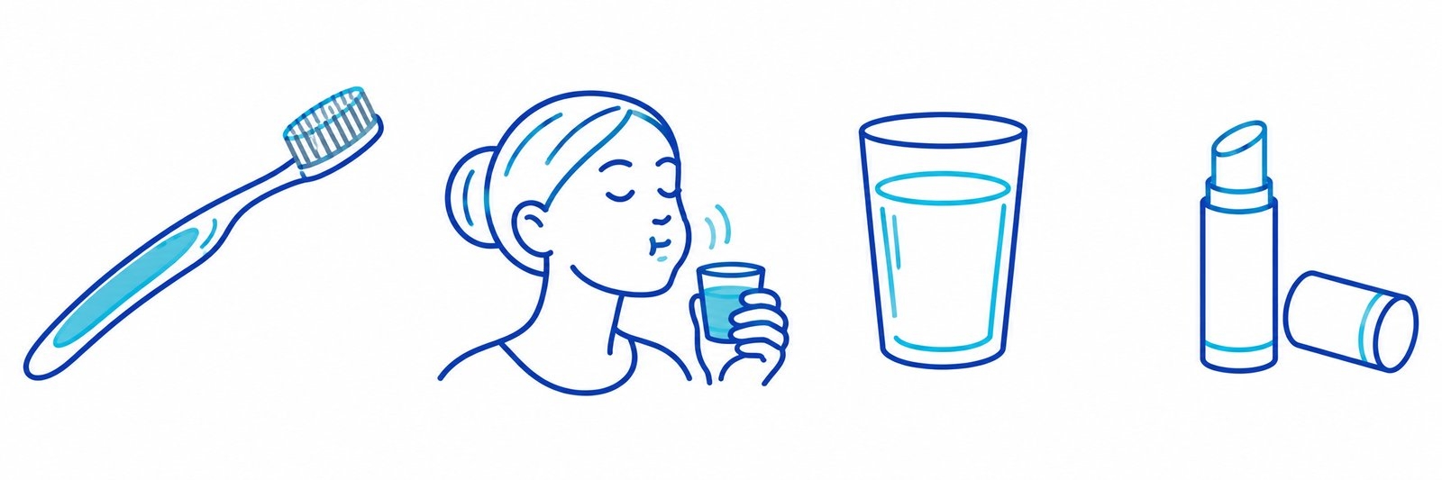 Vier pictogrammen: een zachte tandenborstel, een vrouw die haar mond spoelt, een glas water en lippenbalsem