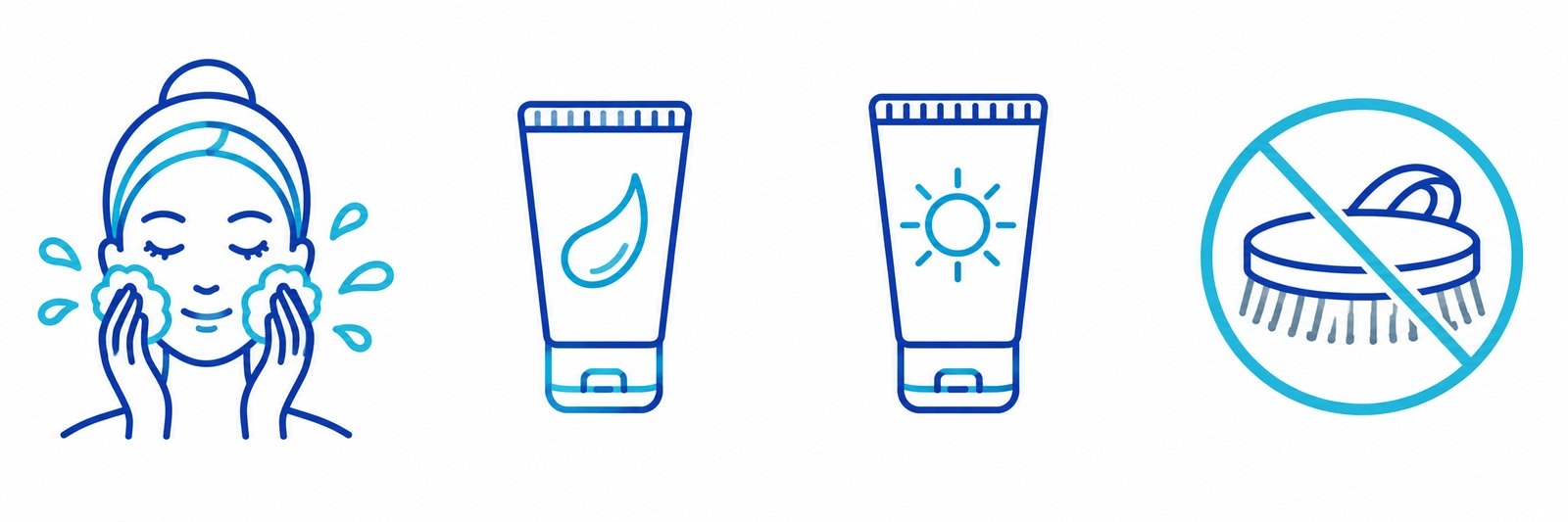 Vier pictogrammen: het gezicht zacht wassen, een niet-vette crème, een zonnebrandmiddel en een doorgestreepte scrubborstel