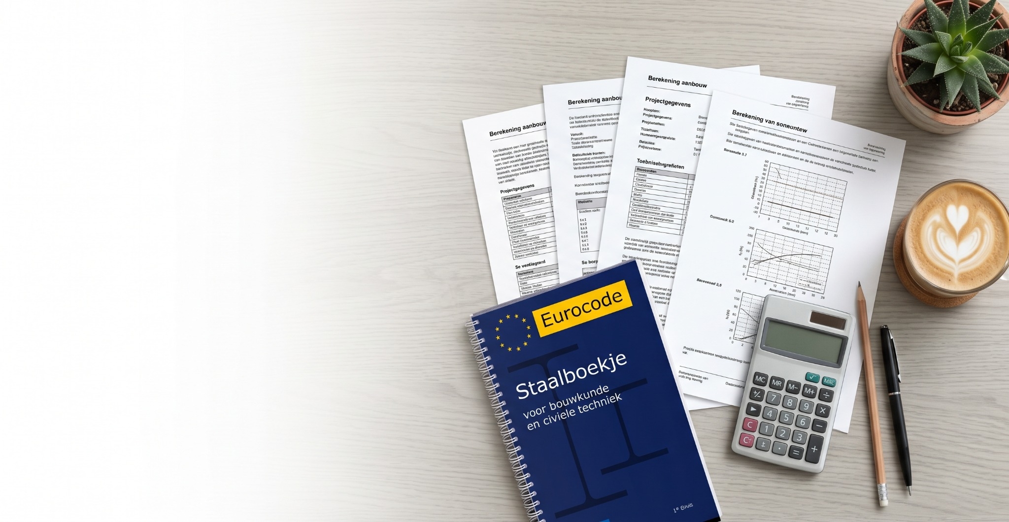 Constructieberekeningen en naslagwerk op een licht bureau