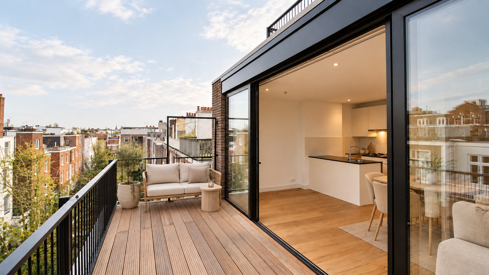 Balkon aan de Valeriusstraat met houten vloer, zwart hekwerk en schuifpui