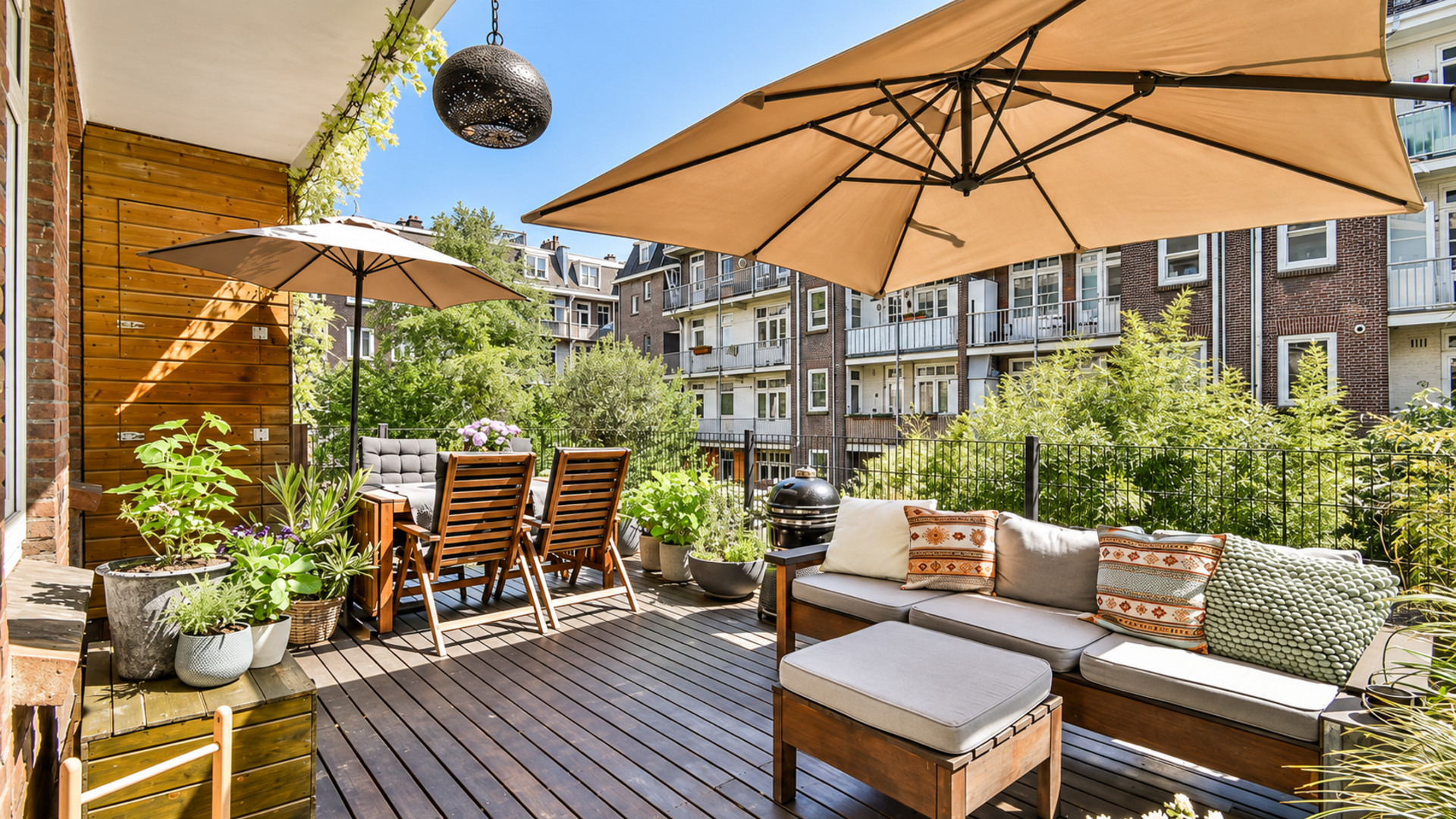 Dakterras aan de Amstelkade met houten vlonder en zitruimte