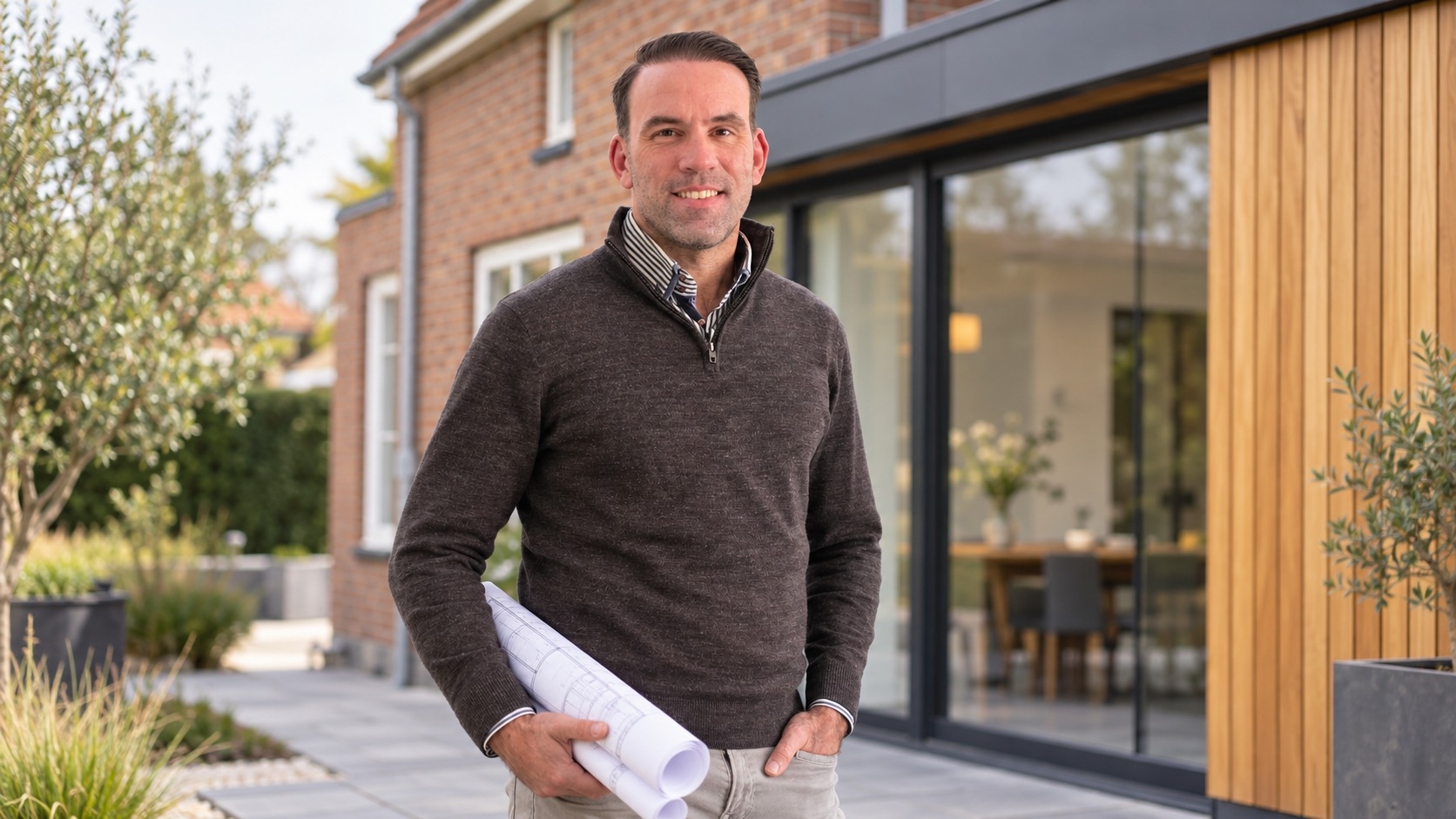 Rik Selij bij een woning met uitbouw