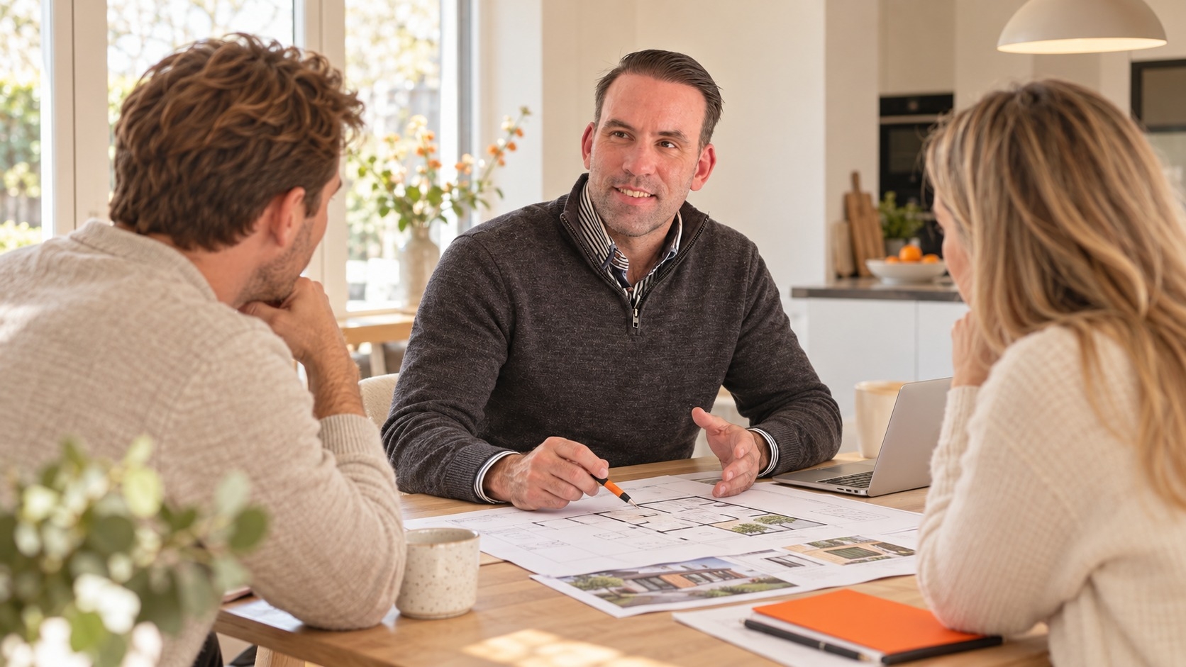 Rik bespreekt bouwplannen met opdrachtgevers aan tafel