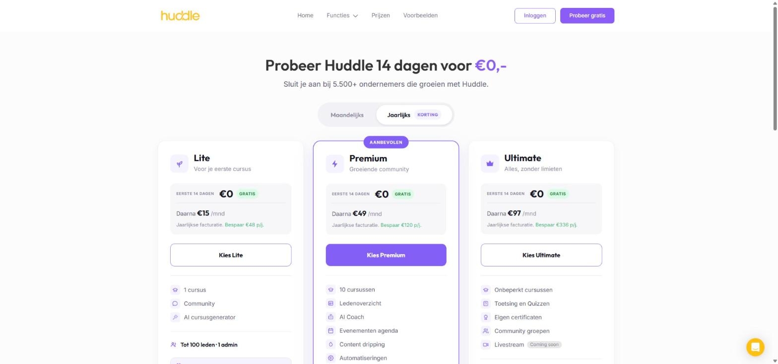Prijspagina van Huddle met de pakketten Lite, Premium en Ultimate bij jaarbetaling