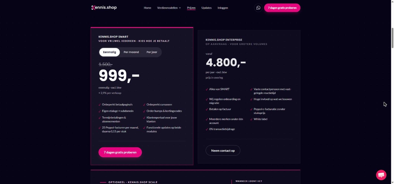 Prijspagina van Kennis.shop met de SMART-licentie voor eenmalig 999 euro plus 2,9 procent per verkoop