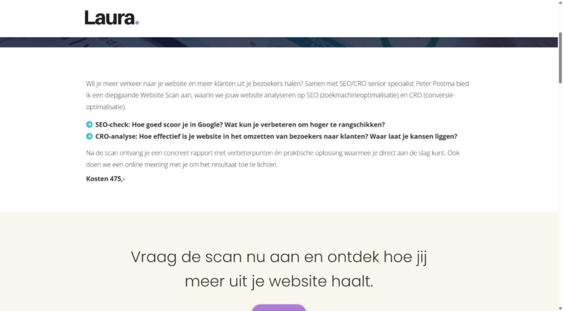 Voorbeeld landingspagina: verkooppagina met prijs voor een SEO- en CRO-scan