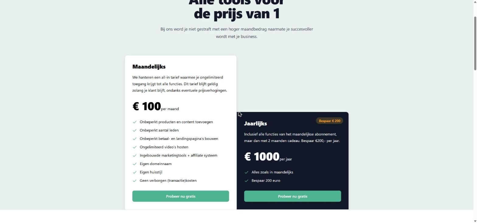 Tarievenpagina van Membirds met 100 euro per maand of 1000 euro per jaar