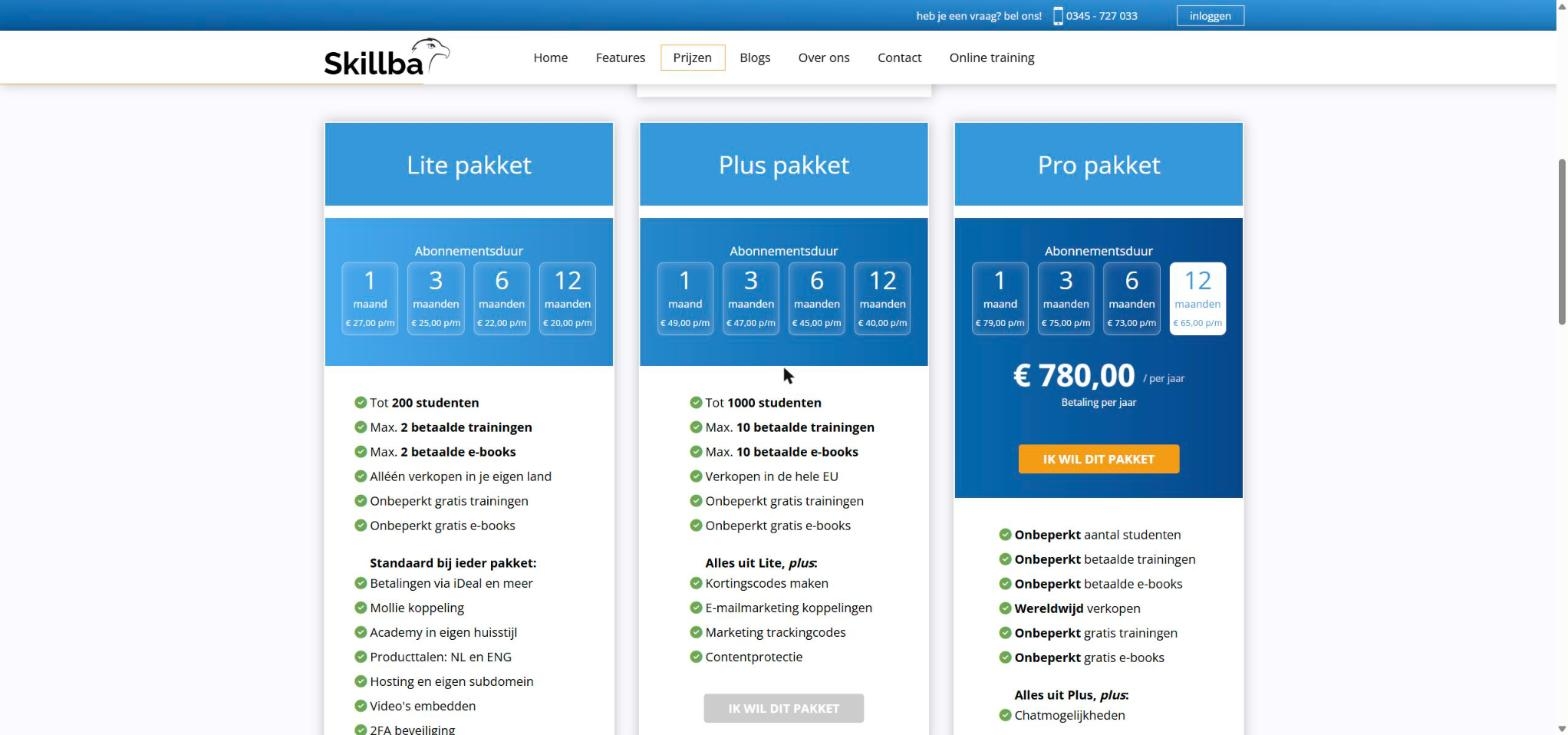 Prijspagina van Skillba met de pakketten Lite, Plus en Pro per looptijd