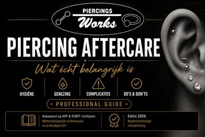 Boekomslag van het e-book Piercing aftercare, wat écht belangrijk is, van Piercings Works met een oor met meerdere oorpiercings