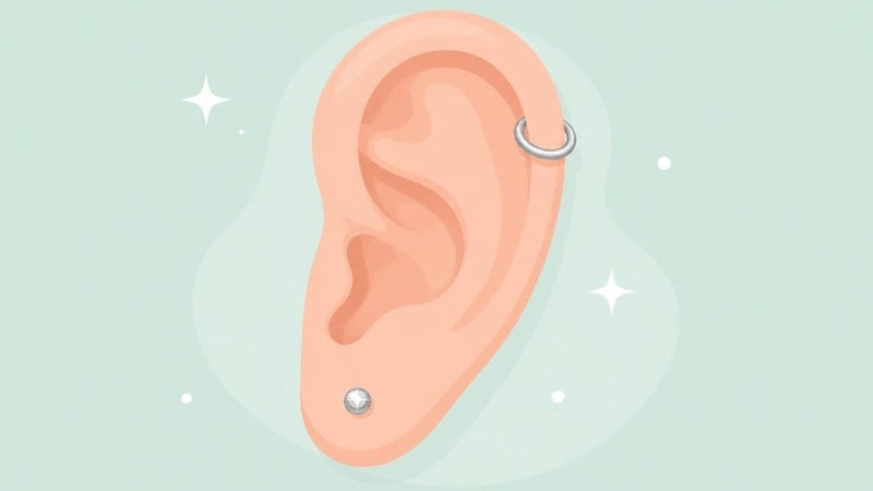 Illustratie van een oor met een titanium knopje in de oorlel en een ringetje in de helix, als uitleg over korstjes bij een oorpiercing