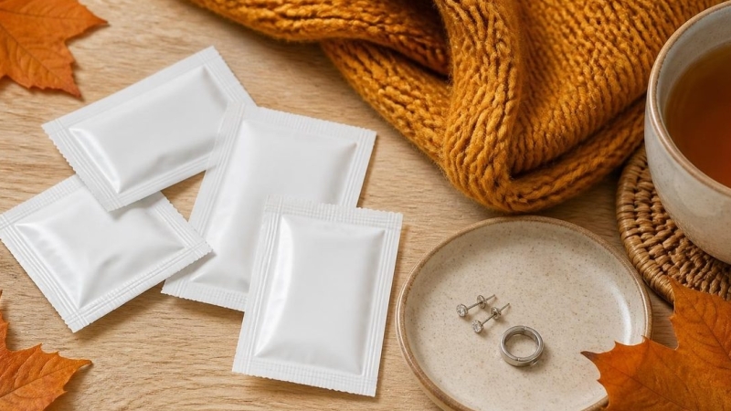 Steriele reinigingsdoekjes, titanium oorbellen en een gebreide sjaal: korstjes bij je piercing verzorgen in de herfst