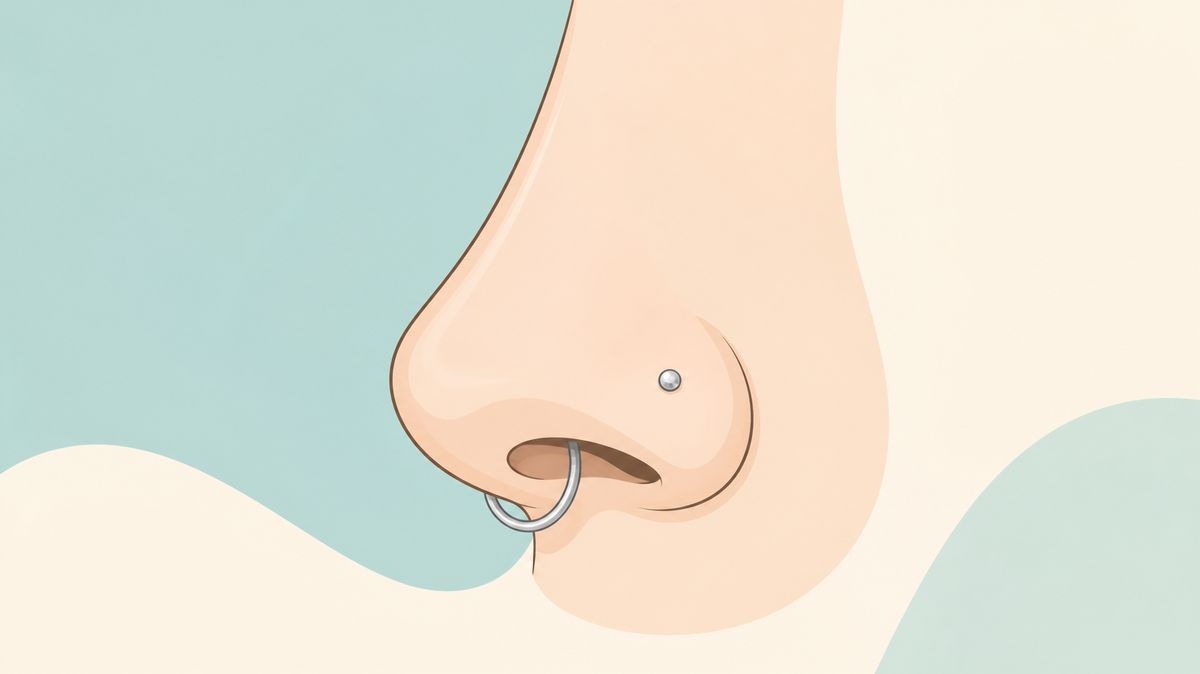 Illustratie van een neus met een titanium knopje in de neusvleugel en een ring in het septum