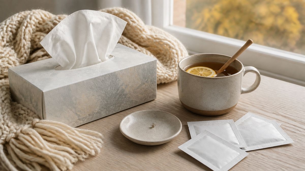 Doos tissues, thee met citroen, wollen sjaal en steriele reinigingsdoekjes naast een klein neusknopje: neuspiercing verzorgen als je verkouden bent