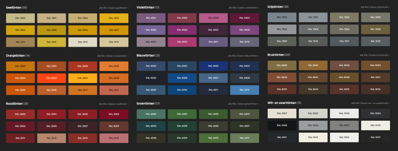Overzicht van RAL-kleuren in geel, oranje, rood, violet, blauw, groen, grijs, bruin, wit en zwart, met per kleur het RAL-nummer