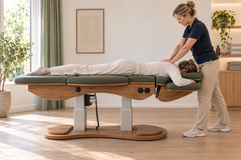 Zijaanzicht van een behandelaar die een cliënt behandelt op een Relax Sensation PRO-S, met de werkhoogte en haar werkhouding zichtbaar.