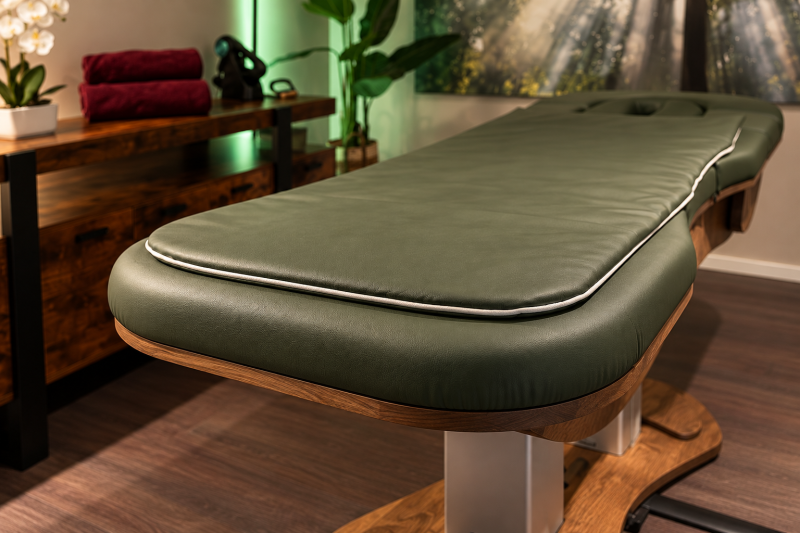 Detail van de donkergroene bekleding, het ligkussen met witte bies en de walnootkleurige houten rand van de Relax Sensation PRO-S Osteo.